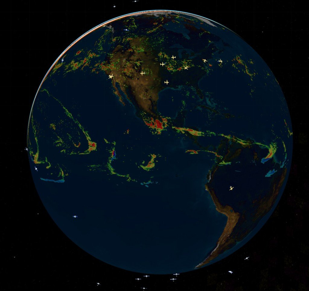 Earth Sim 3D globe with weather, aircraft, and satellite overlays